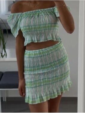 Zara Green and White Striped Smocked Mini Skirt&Top